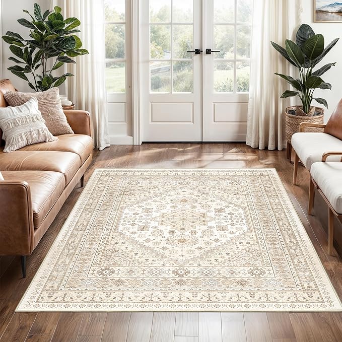 3x5 Washable Area Rug for Entryway, Kitchen Rugs Non Slip for Dining Room, Vintage Floral Soft Living Room Rug, Thin Area Rug Indoor for Bedroom, Kids Room Decor(Cream/Beige,3'x5')