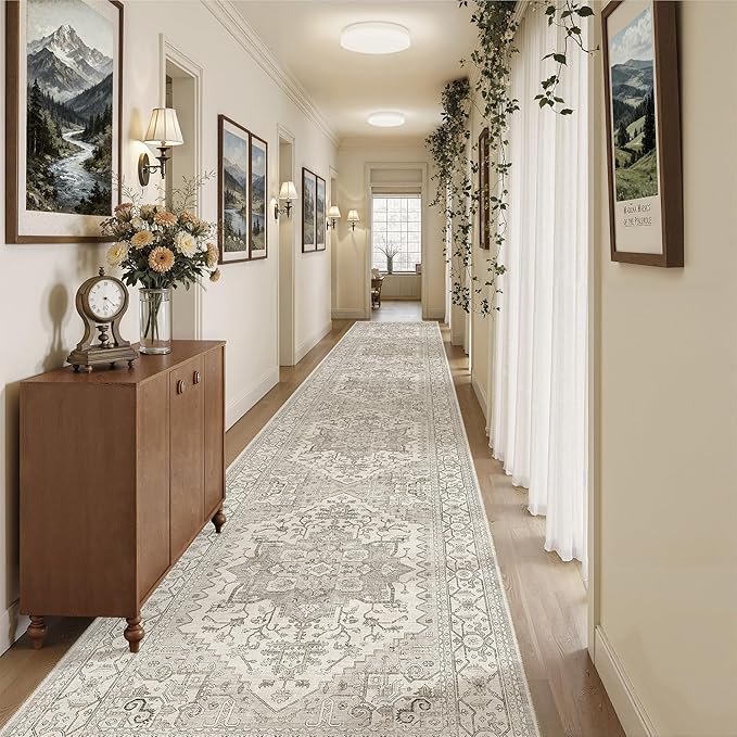 Madane Hallway Runner Rug 3x18 - Kitchen Rugs 18ft Washable Entryway Rug Vintage Kitchen Runners Non Slip Indoor Area Rug Farmhouse Carpet Runner for Bathroom Living Room Bedroom, Beige/Brown