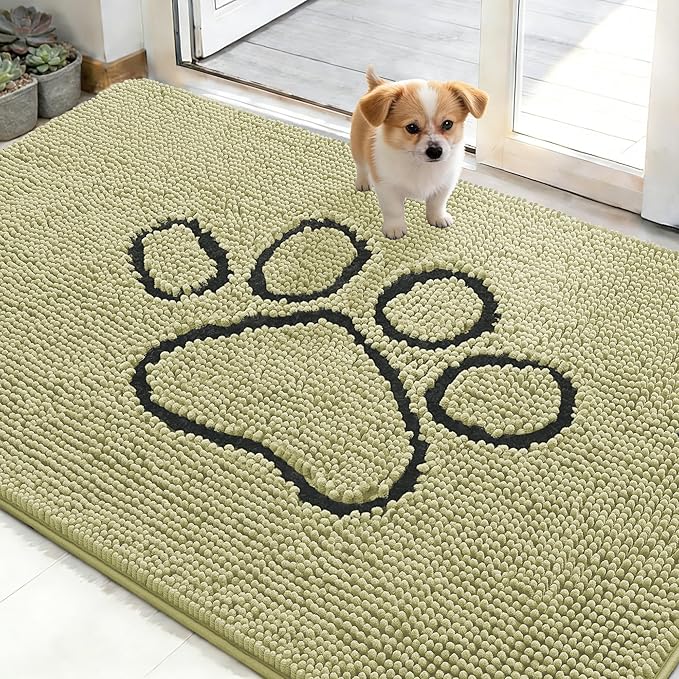 OLANLY Dog Door Mat for Muddy Paws 48x30, Paw Print Design, Absorbs Moisture and Dirt, Absorbent Non-Slip Washable Doormat, Quick Dry Chenille Mud Mat for Dogs, Entry Indoor Entryway Carpet, Vanilla