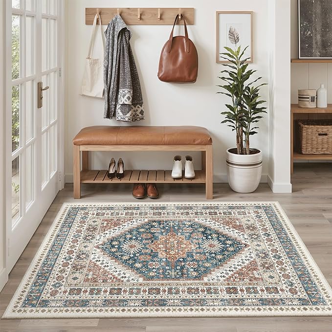 Madane Area Rug 3x5, Entryway Washable Vintage Runners Bedroom Non Slip Indoor Kitchen Runner for Living Room Laundry Room Playroom Soft Non-Slip Area Rugs, Navy Blue