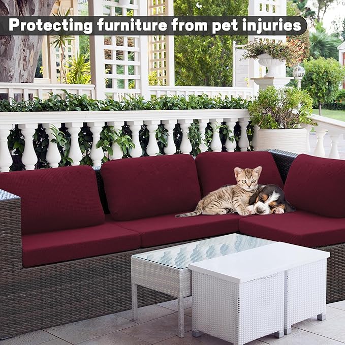 8Pcs Outdoor Cushion Covers, Patio Cushion Covers,Stretch Elastic Slipcovers, Replacement Washable & Reusable Furniture Protector for Patio Couch,Thick Jacquard Fabric(Wine Red, Cover Only)