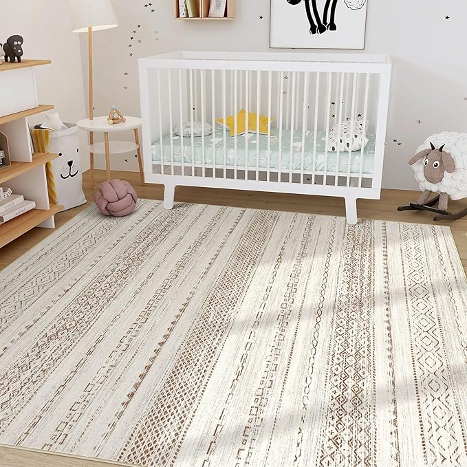 Nakagishi 7x9 Area Rug Living Room: Washable Boho Large Neutral Modern Soft Farmhouse Rugs Stain Resistant Indoor Floor Non-Slip Carpet for Bedroom Nursery Kids Playroom Office Dining Room- Brown