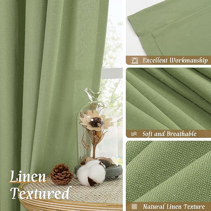 LAMIT Sage Green Linen Curtains 72 inches Long for Living Room, Soft Thick Semi Sheer Light Filtering Rod Pocket Privacy Window Treatments Drapes for Bedroom, 2 Panels Set, 52 x 72 Inch