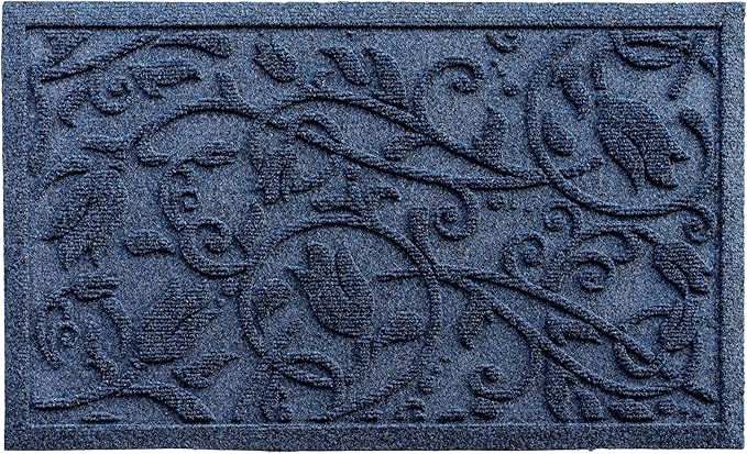 Boho Blue Floral Leaves Outdoor Indoor Entrance Doormats, Absorbent Durable Heavy Duty Welcome Front Door Mat,Thick Natural Rubber Back,Easy Clean Entryway Mat 17x30 Inch, Low Profile