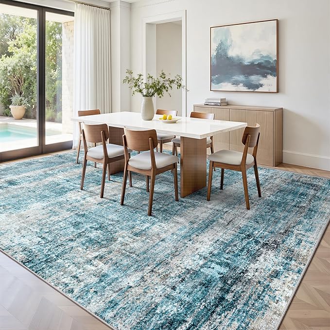 LEPEII 8x10 Area Rugs, Machine Washable Low Pile Rugs for Living Room, Modern Abstract Area Rugs for Bedroom, Large Area Rug with Non-Slip Backing for Dining Room-Blue