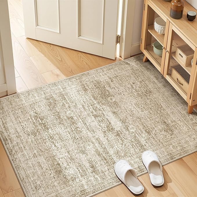 3x4 Washable Area Rug for Entryway, Soft Kitchen Rugs Non Slip for Dining Room, Vintage Abstract Living Room Rug, Thin Area Rugs Indoor for Bedroom, Kids Room Decor(3'x4', Brown/Ivory)