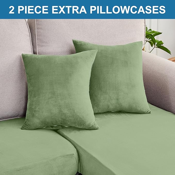 Couch Cover 4-Piece Elastic Velvet Couch Cushion Covers & Chaise Slipcovers for L-Shaped Sofas, Sofa Seat Covers Washable, Soft Cover for Couches (3 Seater + Chaise, Avocado Green)