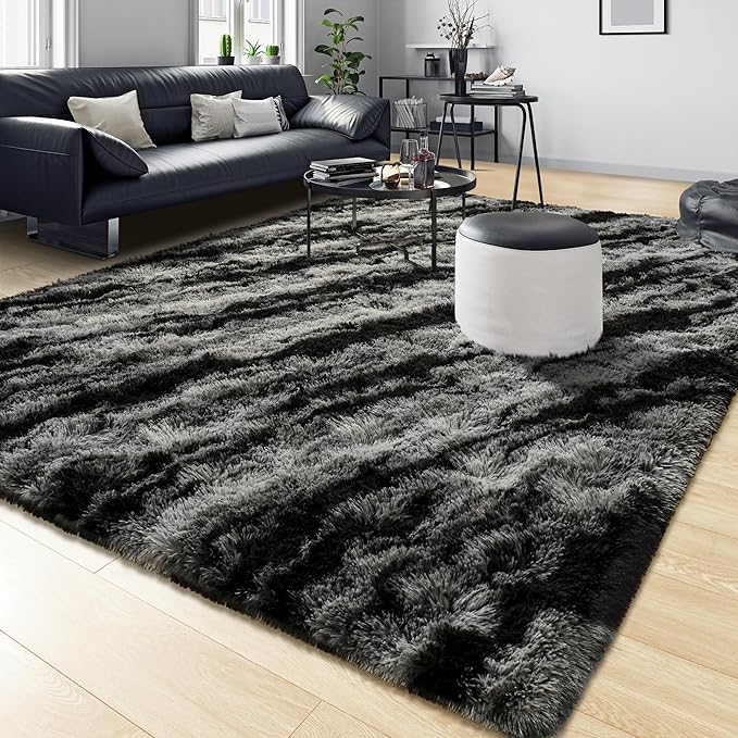 Tepook Area Rugs 9x12 for Living Room, Super Soft Fluffy Rugs for Bedroom, Modern Shaggy Rug Fuzzy Carpets for Kids, Plush Indoor Nursery Home Decor Rug with Non-Slip Bottom, Black Grey