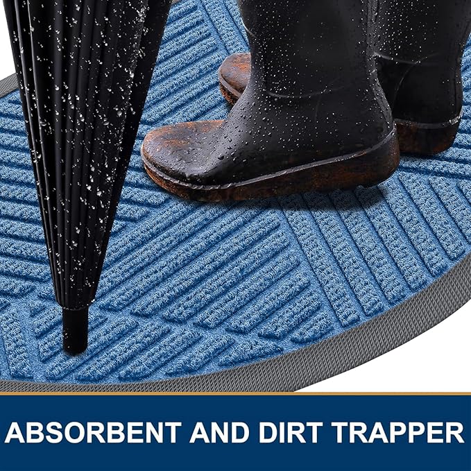 Smiry Half Circle Front Door Mat Outside Entrance, Heavy Duty Sturdy Natural Rubber Doormat, Trap Dirt and Moisture, Low Profile Mats for Indoor Outdoor Entry, Irregular Triangle (35x23, Blue)