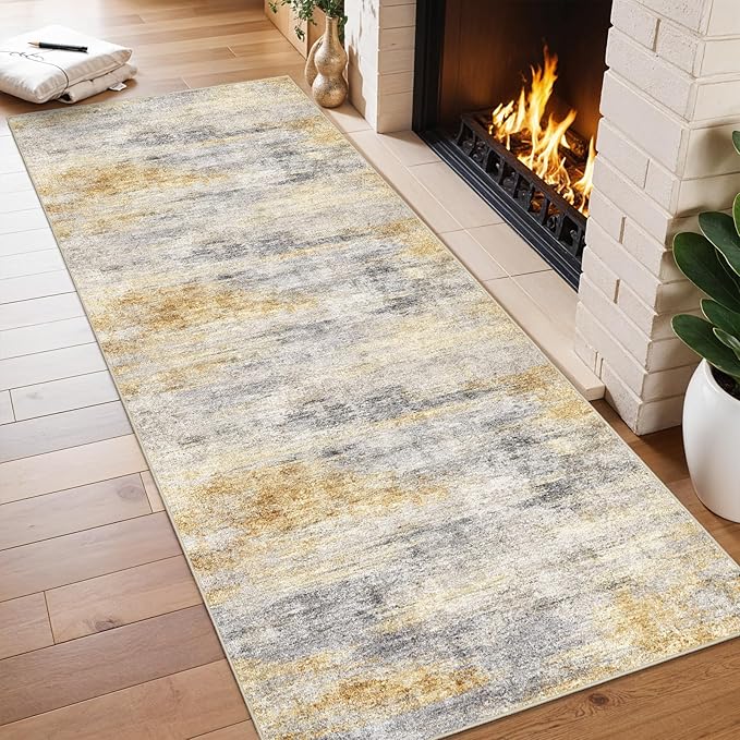 2x6 Washable Kitchen Runner Rug: Modern Abstract Runners for Hallway Soft Non Slip Rugs with Rubber Backing Low Pile Thin Floor Carpet for Entryway Bedroom Bathroom Bedside Indoor(Grey/Yellow,2x6)
