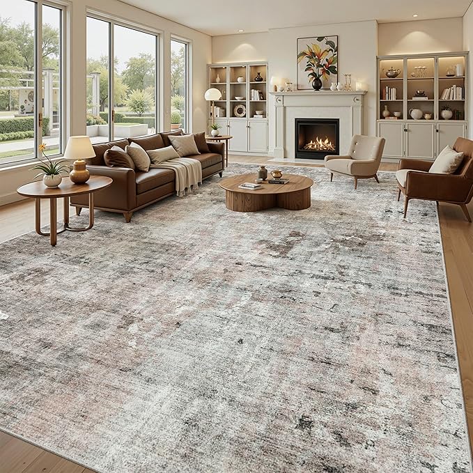 10x14 Area Rugs for Living Room, Non Slip Machine Washable Vintage Rugs, Low Pile Lightweight Large Rug for Bedroom, Dining Room, Home Office Pink/Grey