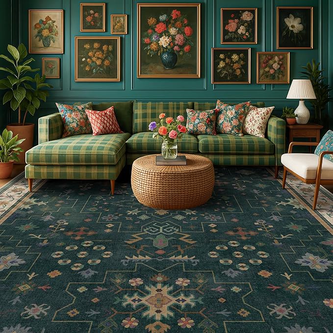 Hazo Haus Dark Green Vintage Living Room Rug 9x12 - Boho Unique Floral Victorian Decor, Washable Low Pile Non-Slip Extra Large Area Rugs for Dining Under Table Bedroom