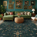 Hazo Haus Dark Green Vintage Living Room Rug 9x12 - Boho Unique Floral Victorian Decor, Washable Low Pile Non-Slip Extra Large Area Rugs for Dining Under Table Bedroom