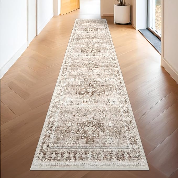 Hazo Haus Non Slip Hallway Runner Rug - 2 x 10 Runner Rug, Washable & Waterproof Kitchen Floor Mat - Extra Long Neutral Farmhouse Boho Design Décor (2x10 Beige/Latte)