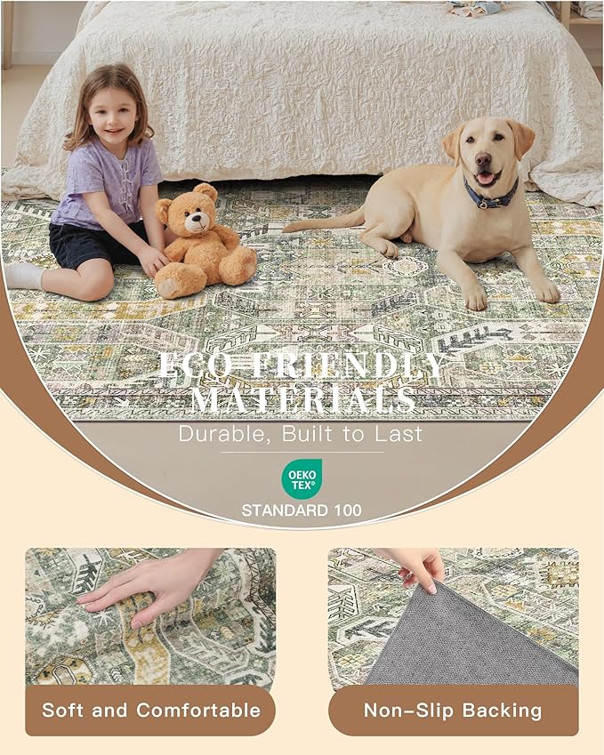 Madane Washable Runner Rug - 2x6 Rug Runners for Hallways 6 Feet Non Slip Vintage Kitchen Runner Rug Ultra-Thin Bathroom Runner Rugs Carpet Laundry Room Bedroom (2x6ft, Green/Gold)