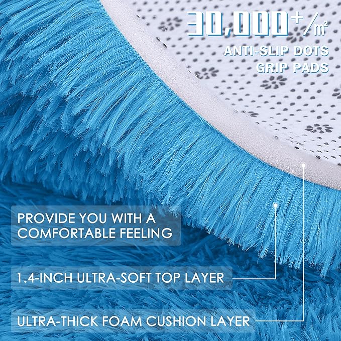 OLANLY Bright Blue Round Rugs for Bedroom - Machine Washable, 3 ft Circle Area Rugs for Living Room, Soft and Fluffy Shaggy Carpet for Teen Girl and Boys, Nursery Rooms, Dorms, Home Decor Aesthetic