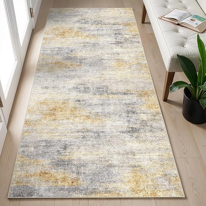 2x5 Washable Kitchen Runner Rug: Modern Abstract Runners for Hallway Soft Non Slip Rugs with Rubber Backing Low Pile Thin Floor Carpet for Entryway Bedroom Bathroom Bedside Indoor(Grey/Yellow,2x5)