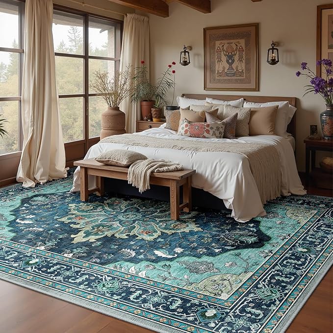 RELEANY Area Rugs 10'x14' Washable Non-Slip, Floral Vintage Distress Print Pattern Medallion Carpet for Living Room Bedroom Dining Room, Teal Green Lake Blue Turquoise