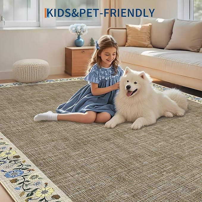 GarveeHome Entryway Rug 2x6 Modern Bordered Runner Rug Washable Kitchen Runners for Hallway Non-Slip Low-Pile Soft Carpet Floral Print Bathroom Mat for Bedroom Laundry Room, Dark Camel