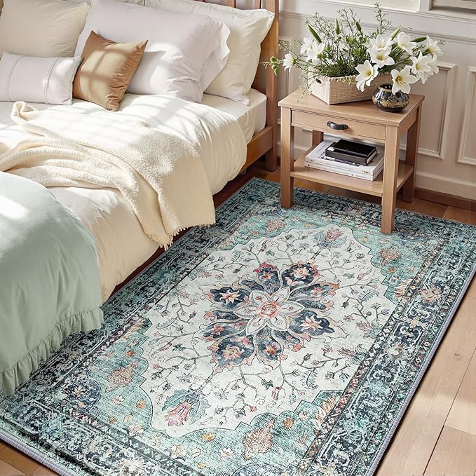 Area Rugs 6'x9' Washable Non-Slip, Floral Vintage Distress Print Pattern Medallion Carpet for Living Room Bedroom Dining Room, Green Navy Blue White Red Teal Colorful
