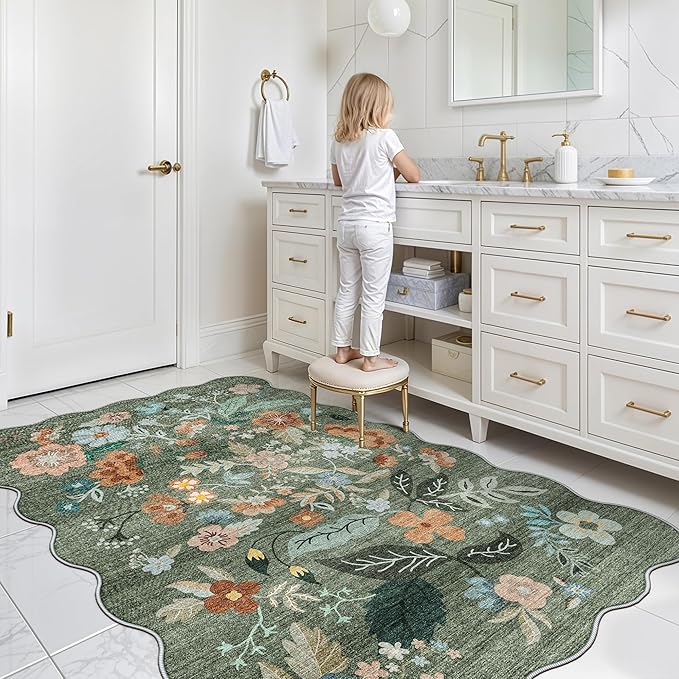 4x6 Living Room Area Rugs: Washable Farmhouse Nursery Kitchen Floral Rugs Non-Slip Small Cute Bedroom Carpet Non-Shedding Floor Mat for Kids Room University dormitory Decorative Rugs(4x6,Floral/Green)