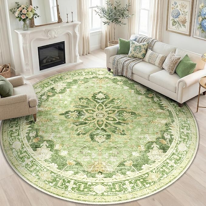 Area Rugs 8ft Washable Non-Slip, Floral Vintage Distress Print Pattern Medallion Carpet for Living Room Bedroom Dining Room, Sage Green Yellow