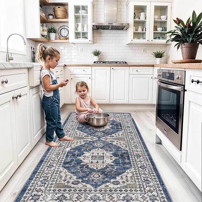 Washable 4x8 Hallway Runner Rug: Vintage 8ft Soft Runners for Entry Kitchen Wide Low Pile Carpet with Non-Slip Backing for Living Room Bedroom Thin Bathroom Carpet for Dining Room Foyer（4x8,Blue