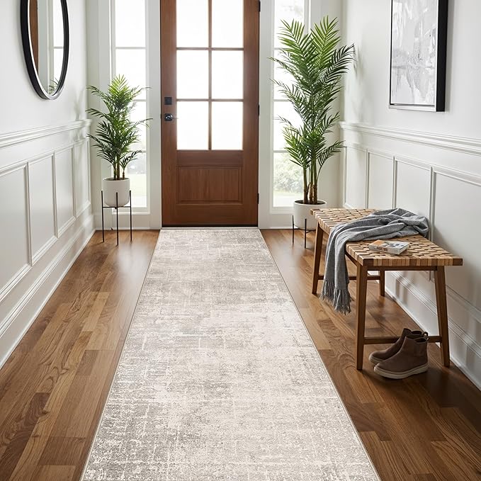 Hallway 3x8 Washable Runner Rug: Abstract Stain Resistant Entryway Kitchen Area Rugs Farmhouse Soft Bathroom Bedroom Print Floor Mat Thin Non-Slip Indoor Carpet for Living Room Laudry(3x8,Beige/Cream)
