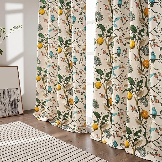 Topfinel Vintage Floral Curtains 72 Inches Long Boho French Country Grommet Botanical Hummingbird Woodland Patterned Lemon Drapes for Bedroom Dining Living Room