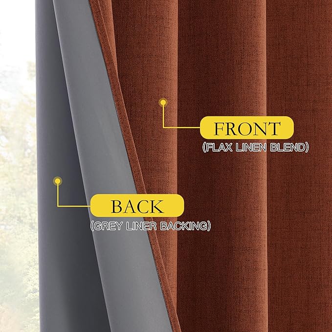 NICETOWN 100% Absolutely Blackout Linen Curtains with Thermal Insulated Liner, 62" Wide, 2 Panels, 102" Long Drapes, Grommet Retro Burnt Orange Linen Curtains Vertical Drapes Privacy for Bedroom