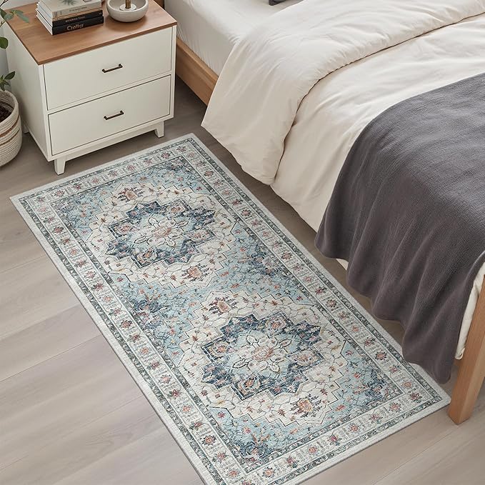 Madane Washable Area Rug 2x4, Small Entryway Rug Non-Slip Vintage Door Mat Indoor Entrance, Low Pile Floor Carpet Runner for Inside Front Door Kitchen Entry Laundry, Blue