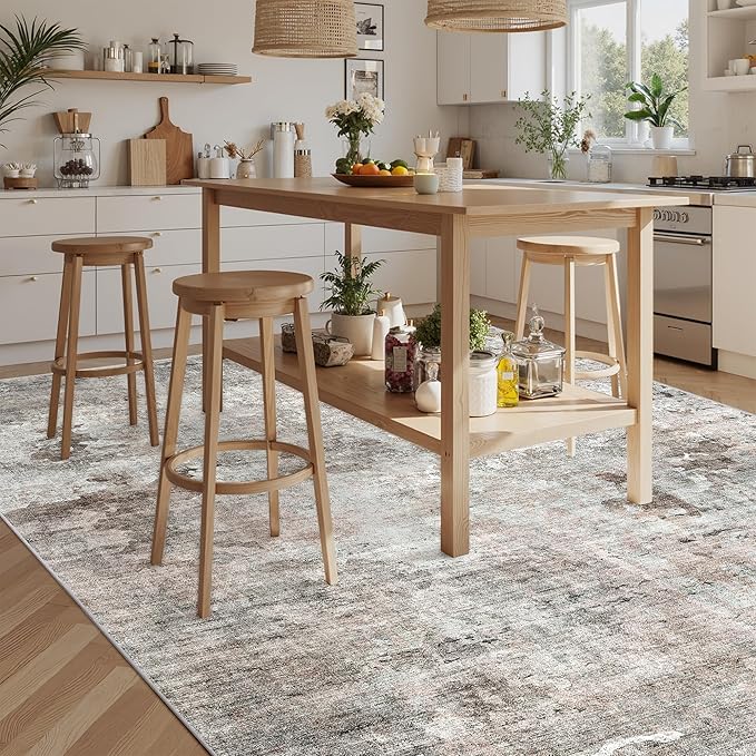 Soalmost 9x12 Area Rugs for Living Room, Non Slip Machine Washable Vintage Rugs, Low Pile Lightweight Large Rug for Bedroom, Dining Room, Home Office Grey Pink
