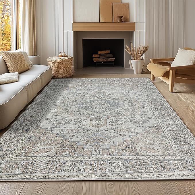 Machine Washable Area Rugs 9x12 Living Room Retro Rugs- Ultra Soft Low Pile Large Rugs for Bedroom,Dining Room,Non Slip Vintage Accent Carpet for Farmhouse Home Office- Family & Pet Friendly
