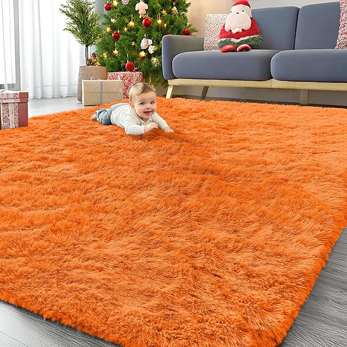 OLANLY 9x12 Machine Washable Large Area Rugs for Living Room, Bedroom, Soft Fluffy Shaggy Bedside Rug, Indoor Floor Carpet for Kids Girls and Boys, Dorms, Nursery, Home Decor Aesthetic, Orange