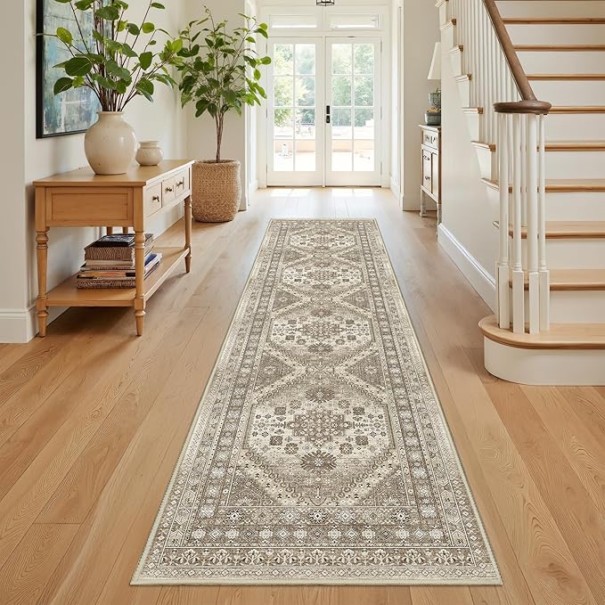 Runner Rug 2x8 Runners for Hallways Non Slip Washable, Vintage Hallway Runner Rugs for Living Room, Low Pile Soft Hallway Rug for Kitchen Bedroom Laundry Room Rug(Brown,2'x8')