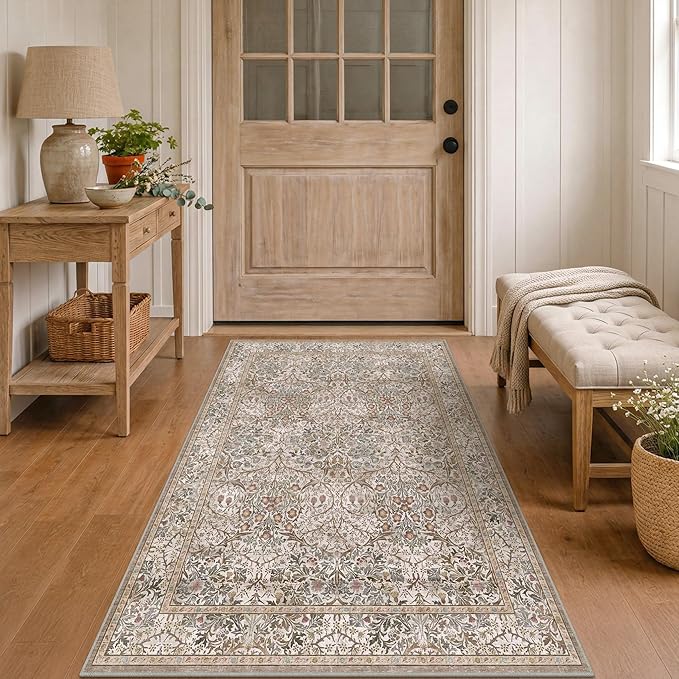 Vintage Moss Green Entryway Rug, 3x5 Washable Area Rugs for Kitchen, Bathroom, Bedroom, Boho Oriental Low Pile Stain Resistant Non-Slip Small Throw Rug