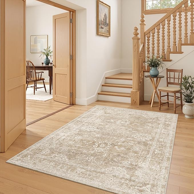 Madane Washable Area Rug 4x6, Low Pile Stain Resistant Vintage Area Rugs, Non Slip Accent Rug Floral Print Indoor Mat for Entryway Living Room Kitchen Bedroom, Beige/Brown