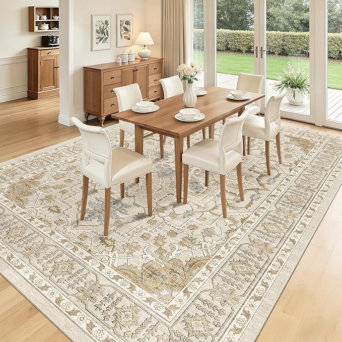 Madane Washable Rug 8x10 Area Rugs for Living Room, Ultra-Thin Non-Slip Backing Rug, Stain Resistant Vintage Large Area Rug for Bedroom (Beige/Blue, 8'x10')