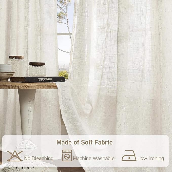 LAMIT Natural Linen Boho Curtains 80 inch Length 2 Panels, Cream Ivory Light Filtering Semi Sheer Panels Back Tab and Rod Pocket Neutral Drapes for Bedroom/Living Room, 34 x 80 Inch