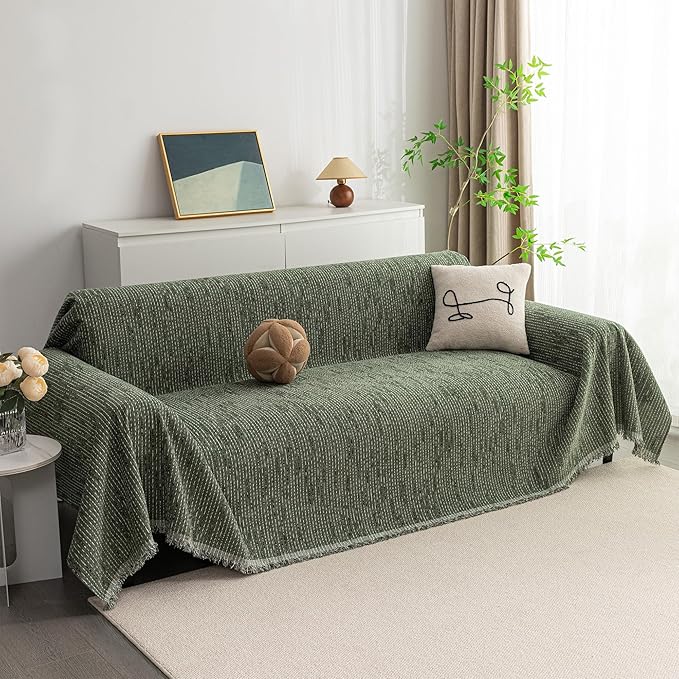 MYSKY HOME Loveseat Cover Moss Green Couch Cover Sectional Couch Covers for 2 Cushion Couch Sofa Thick Universal Chenille Sofa Cover with Tassel Durable Furniture Protector for Dogs 91" x 118"