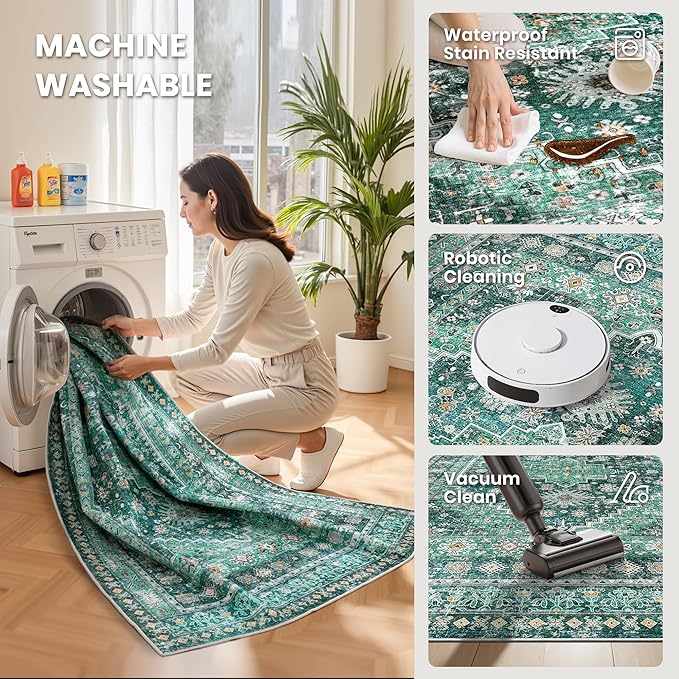 zesthome 8x10 Area Rugs for Living Room,Non-Slip Backing Washable Rugs,Vintage Large Area Rug，Stain Resistant Home Decor Rug(Green/Teal,8'x10')