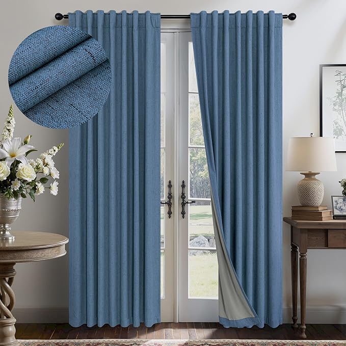 Denim Blue Living Room Darkening Curtains 72 Inches Long 2 Panels Set Faux Linen Cute Black Out Window Drapes for Bedroom Insulated Thermal Curtain for Summer Heat Winter Breakfast Nook 52x72 Length