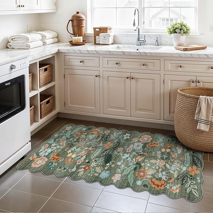 2x5 Washable Kitchen Area Rug: Floral Scalloped Entryway Runner Farmhouse Non-Slip Floor Carpet for Hallway Bathroom Soft Comfort Tile/Hardwood Floors Protection Mat Cute Home Decor(2x5, Floral/Green)