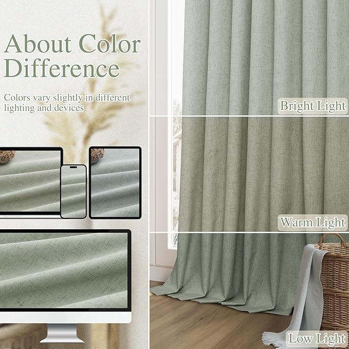 Guken 100% Blackout Curtains 120 Inch Length 2 Panels Set for Living Room Bedroom Back Tab Thermal Insulated Black Out Linen Drapes Room Darkening Window Curtains Desert Sage 52x120
