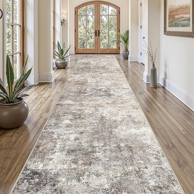 UERMEI 3X16 Washable Runner Rug for Hallway: Soft Neutral Modern Abstract Area Rug - Non-Slip Low Pile Long Throw Indoor Carpet for Kitchen Entryway Kitchen Bedroom Laundry - Brown Grey