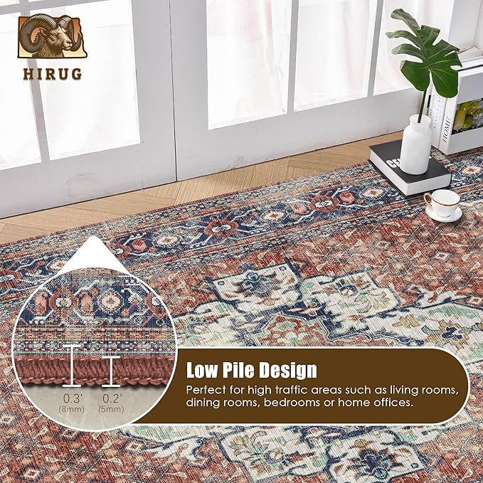 Washable Area Rug 5' x 7' Vintage Traditional Persian Mat - Foldable Distressed Non-Slip Machine Washable Carpet for Living Room Bedroom Kitchen Home Decor - Terracotta and Navy