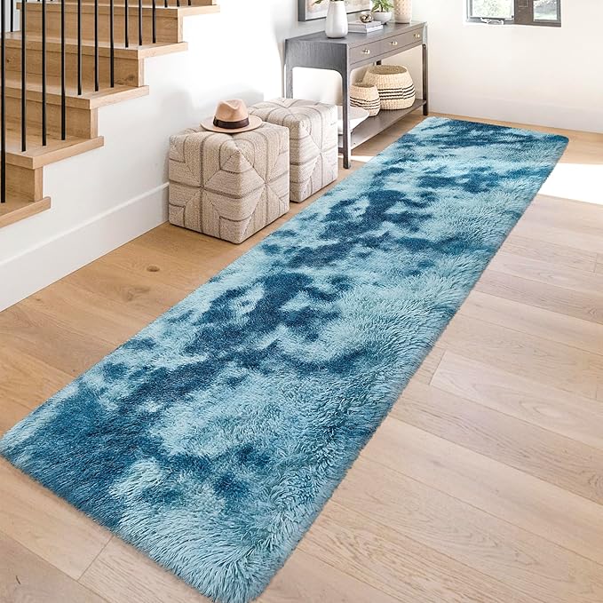Super Soft Fluffy Living Room Area Rug 2x10 ft Tie-Dyed Light Blue Shaggy Furry Carpet Washable Non-Slip Floor Rugs Bedroom Bedside Nursery Rug Fuzzy Girls Boy Dorm Home Decor Aesthetic