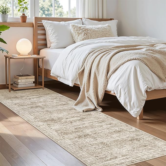 Washable Runner Rug, 2'6" x 8' Non-Slip Kitchen Vintage Foldable Hallway Runners for Entryway, Laundry, Bedroom, Brown