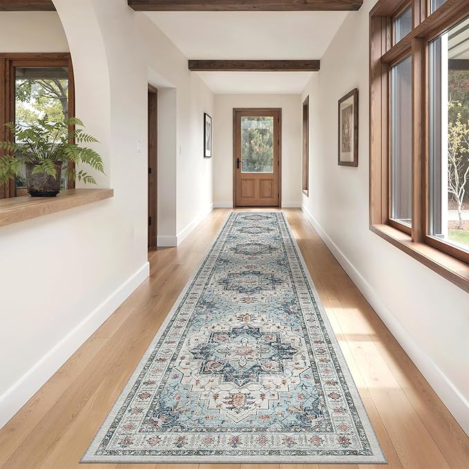 Madane Hallway Runner Rug 2'6''x14' Kitchen Runner, Non Slip Vintage Runners for Hallways Washable Kitchen Rugs Soft Low Pile 2.5x14 ft Rug Runner for Laundry Room, Entryway and Bedroom, Blue