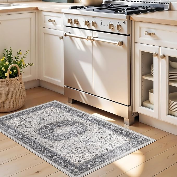 Washable 2x3 Entryway Area Rug: Vintage Soft Thin Door Mat with Non Slip Backing Water Resistant Carpet for Bedroom Low Pile Floor Mat for Kitchen Bathroom Laundry Easy Clean Rug for Family(2x3,Grey)